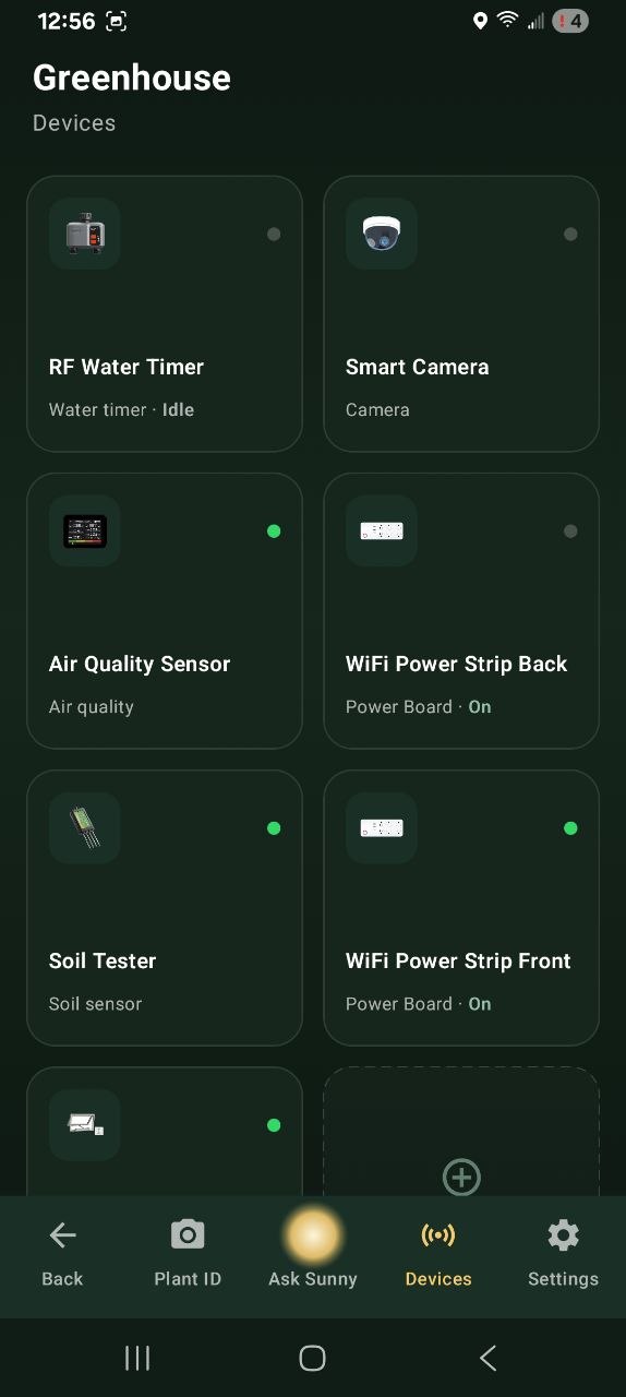 Greenhouse devices grid showing each paired device with its live state