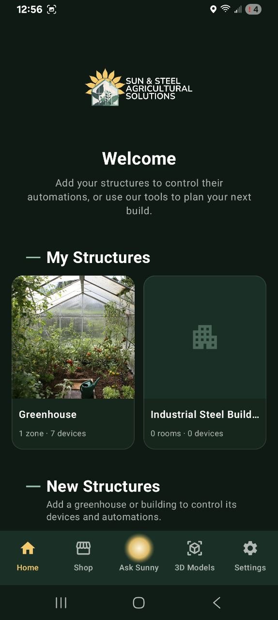 Sun and Steel app home screen showing My Structures with a greenhouse and a steel building