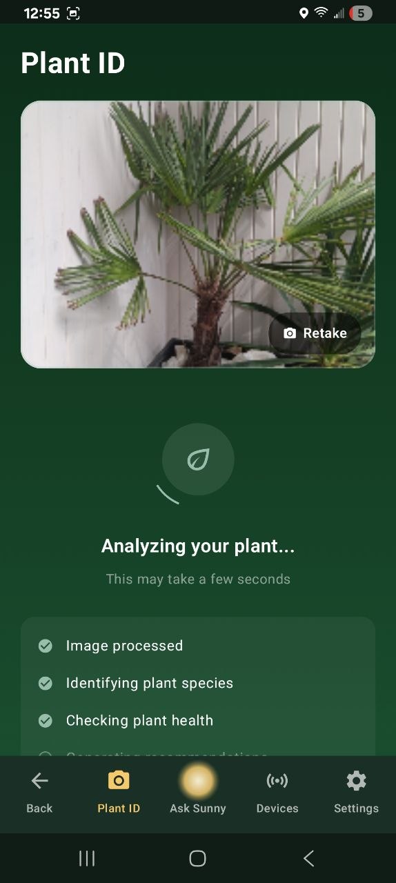 Plant ID screen analyzing a photographed plant with staged progress steps