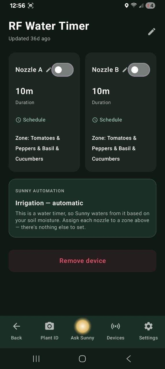 RF water timer panel with two nozzles, durations, schedules and zone assignment
