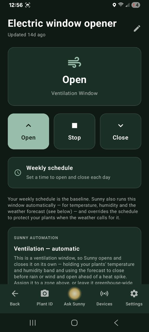 Electric window opener panel with Open, Stop and Close controls and a weekly schedule
