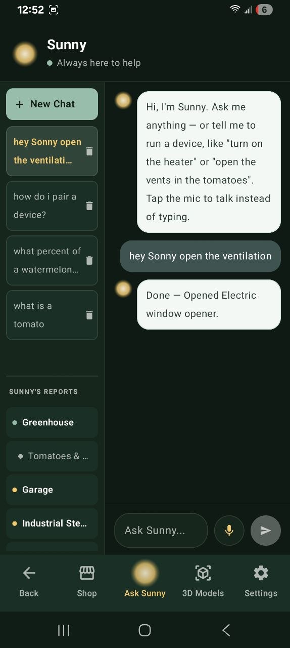 Ask Sunny chat: the user types open the ventilation and Sunny replies Done, opened Electric window opener