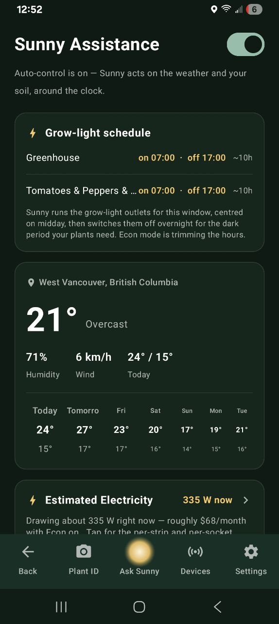 Sunny Assistance screen: auto-control on, the grow-light schedule, the local forecast and estimated electricity