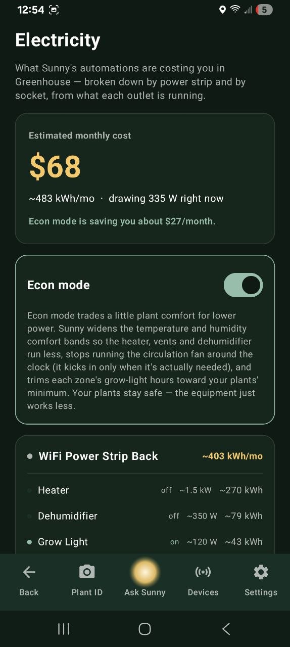 Electricity screen: estimated monthly cost, the Econ mode toggle, and a per-socket breakdown